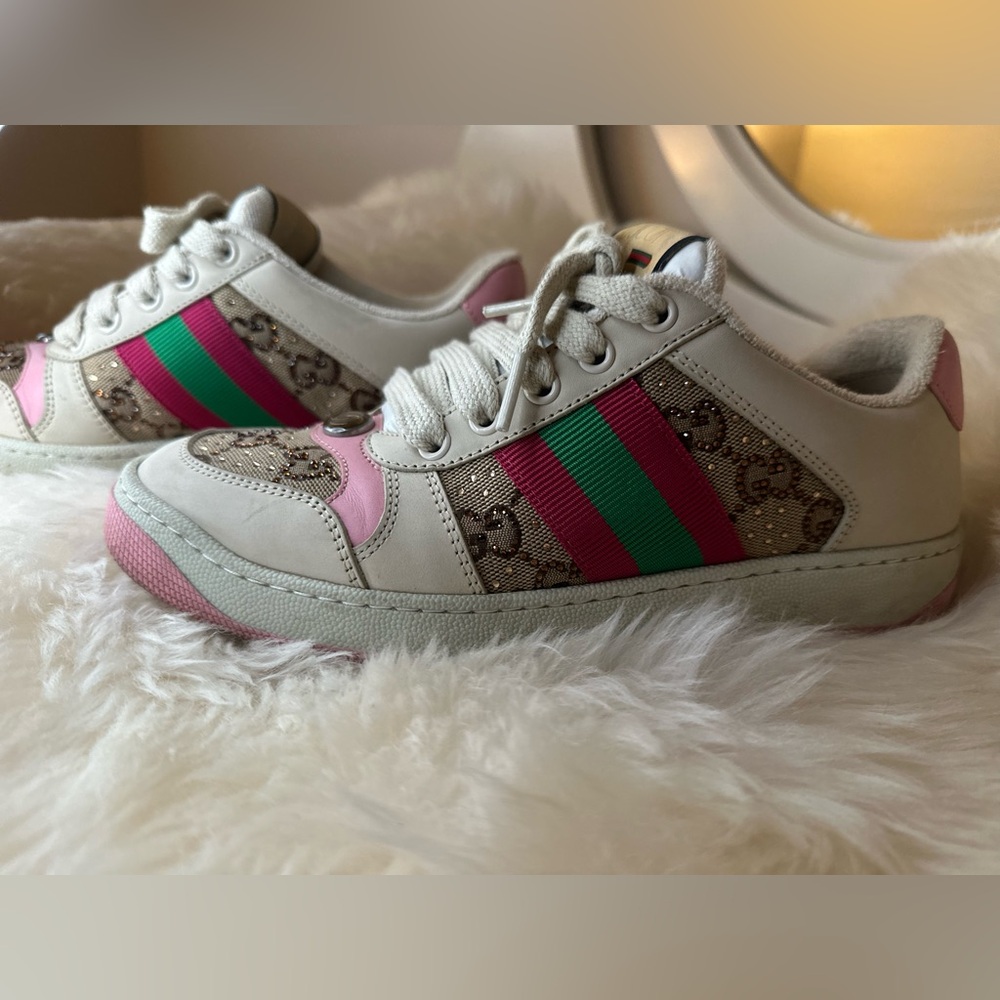 PENDING - Gucci screener embellished crystal pink sneakers (size 8)